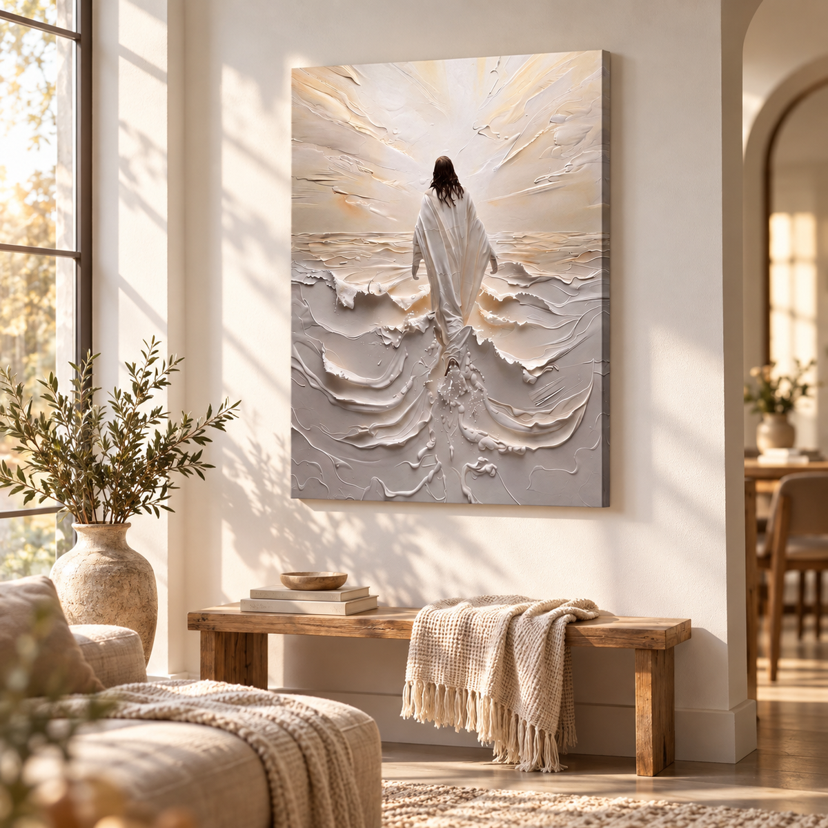 Jesus walking on water canvas wall art in a bright modern living room