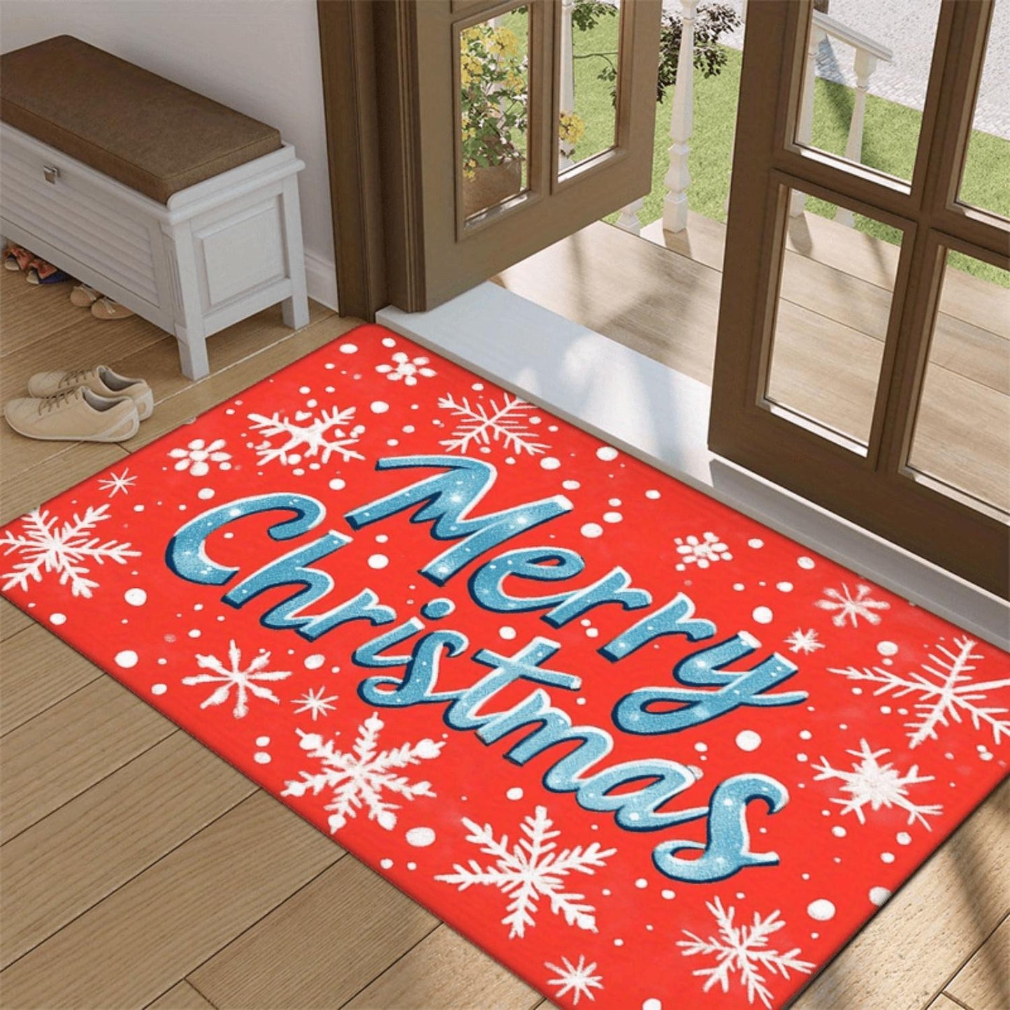 Flannel Merry Christmas print, Christmas gift non-slip flannel mat, Christmas snowflake comfortable floor mat, machine washable entryway kitchen living room bedroom laundry room bathroom home decor, December Christmas.