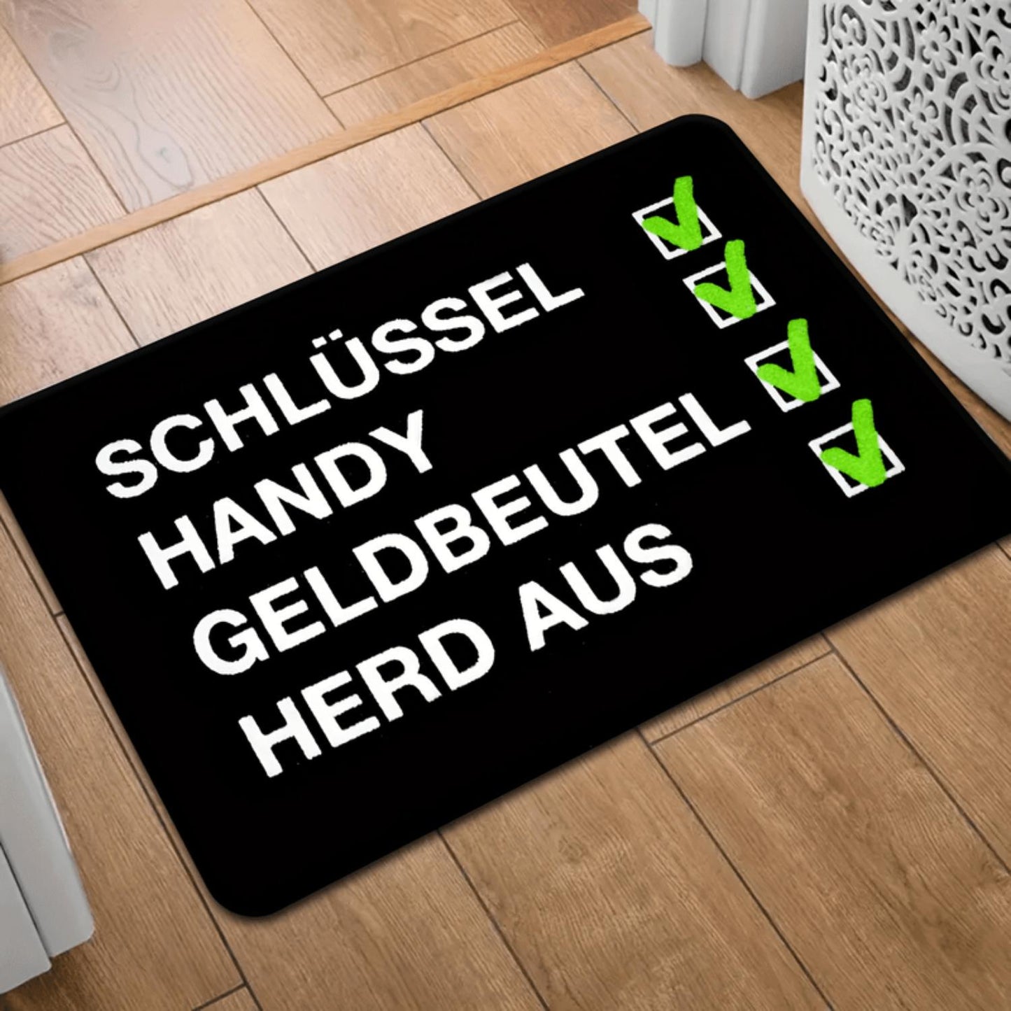 Extra soft flannel non-slip doormat - "Schlussel Handy Geldbeutel Herd Aus" fun design, machine washable, fade-resistant, perfect for kitchens, dining rooms, hallways, bathrooms, bedrooms, studies, computer rooms, indoor/outdoor use.