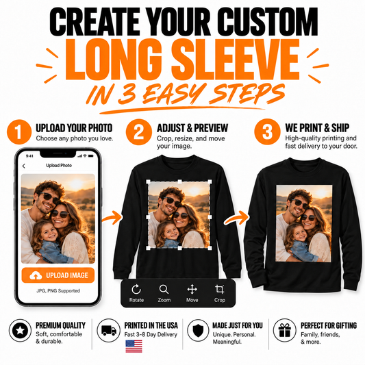 Create your custom photo long sleeve shirt in three easy steps with 3–8 day delivery