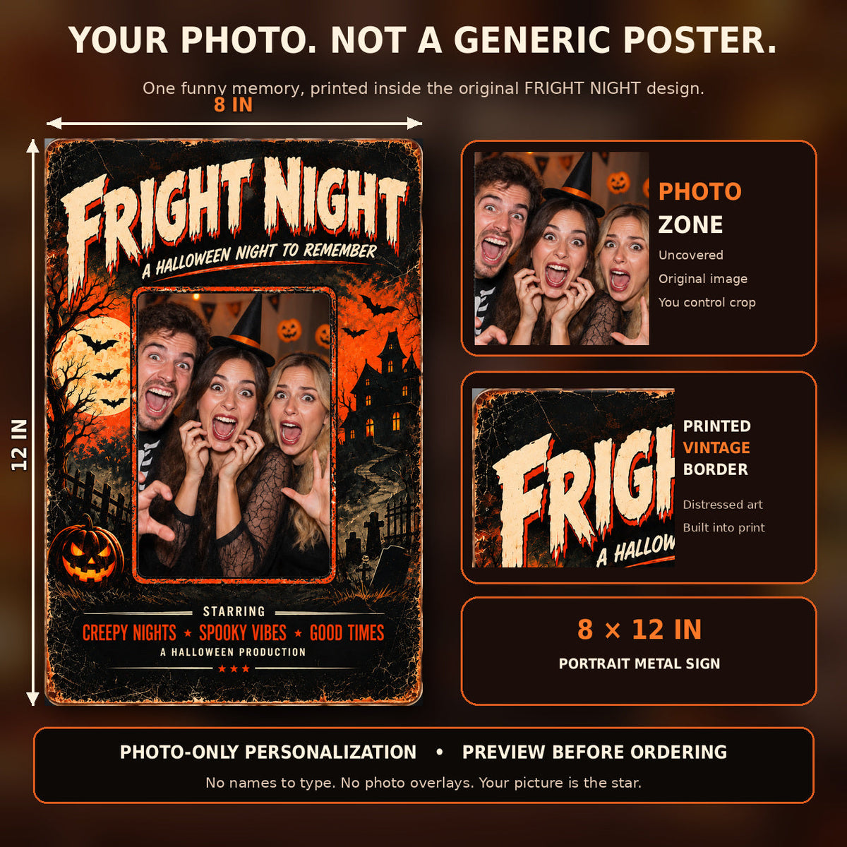 FRIGHT NIGHT 8x12 portrait metal sign full size, photo area and original printed vintage border details