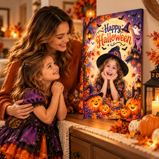 Mother and child enjoying a personalized Halloween photo canvas keepsake together at home