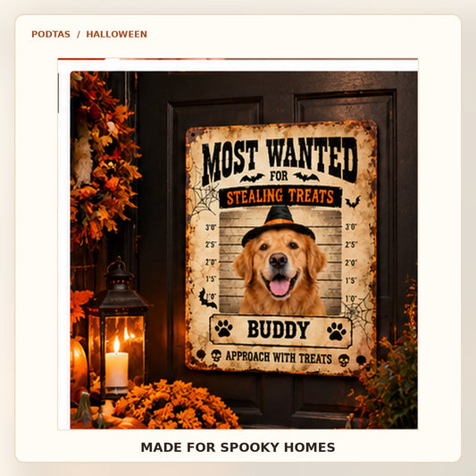 Personalized Halloween pet wanted sign on a decorated front door