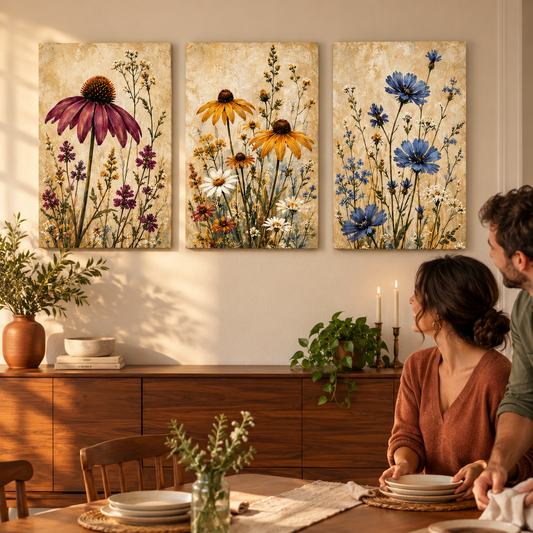 Couple enjoying a dining room styled with three wildflower canvases