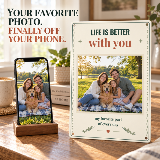 Family photo moved from phone to a personalized 8 by 12 inch metal sign with a soft beige photo mat