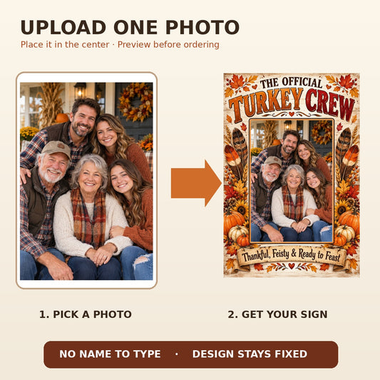 How to upload one photo and preview your own Turkey Crew Thanksgiving poster metal sign