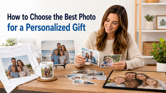 Woman choosing family photos for personalized gifts