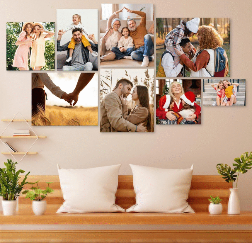 Custom photo gallery wall created with personalized canvas prints