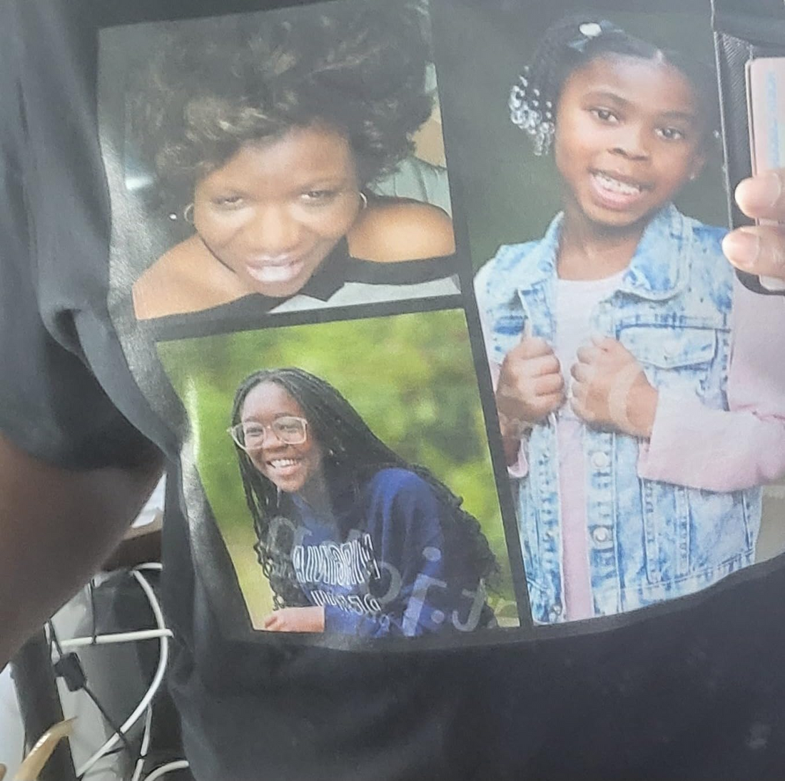 Black custom T-shirt printed with a collage of three personal family photos