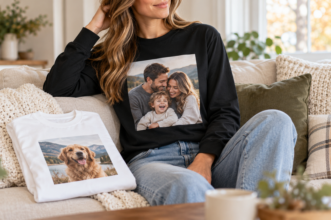 Custom family photo printed on a black long sleeve shirt, with a white photo shirt beside it