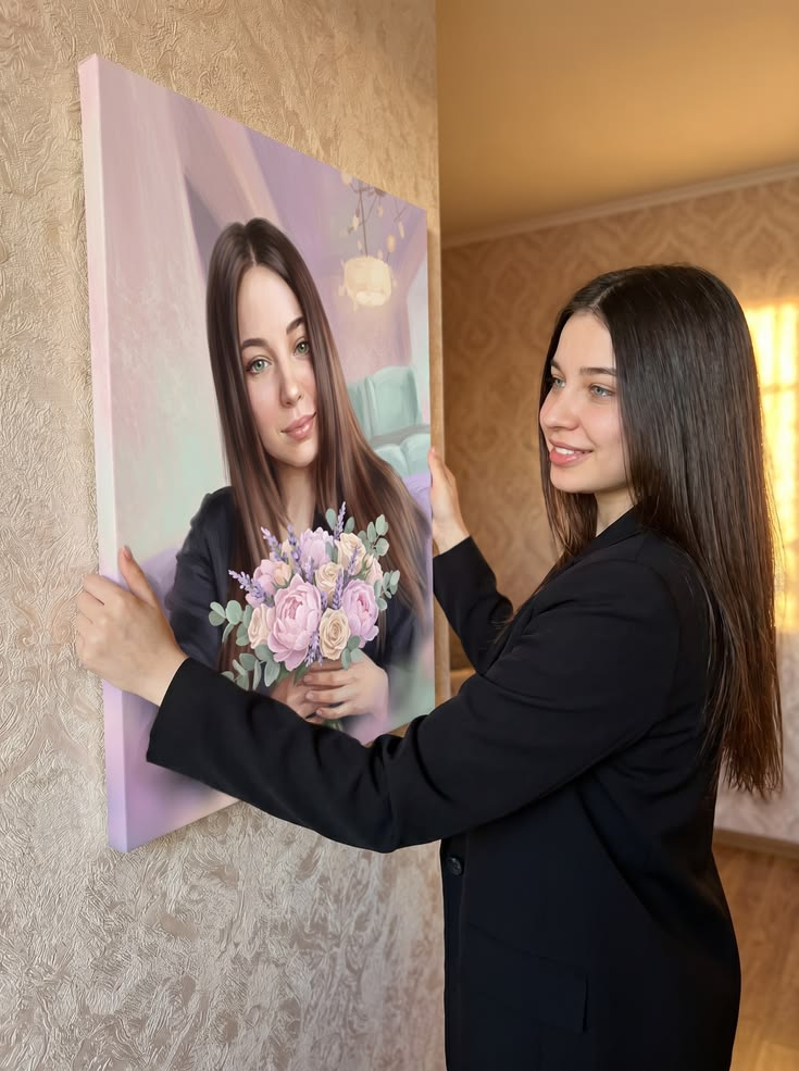 Custom portrait canvas made from a customer photo and displayed at home
