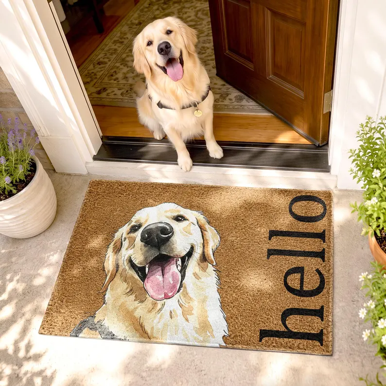 Golden retriever with personalized custom pet floor mat at a home entrance