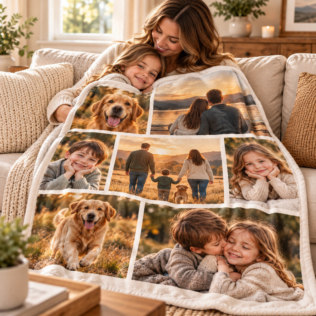 Family using a personalized photo blanket at home