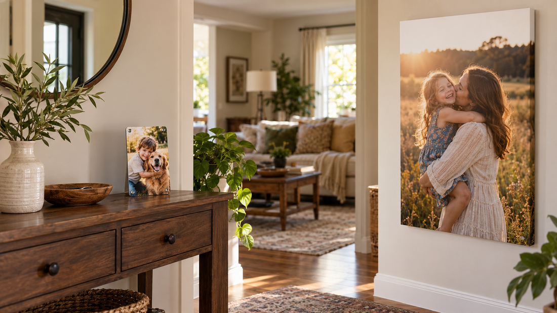 Illustrative home display showing a portrait photo canvas and a smaller 8 by 12 inch personalized metal sign