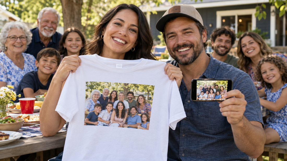 Illustrative family reunion photo shown on a white custom photo T-shirt and a phone