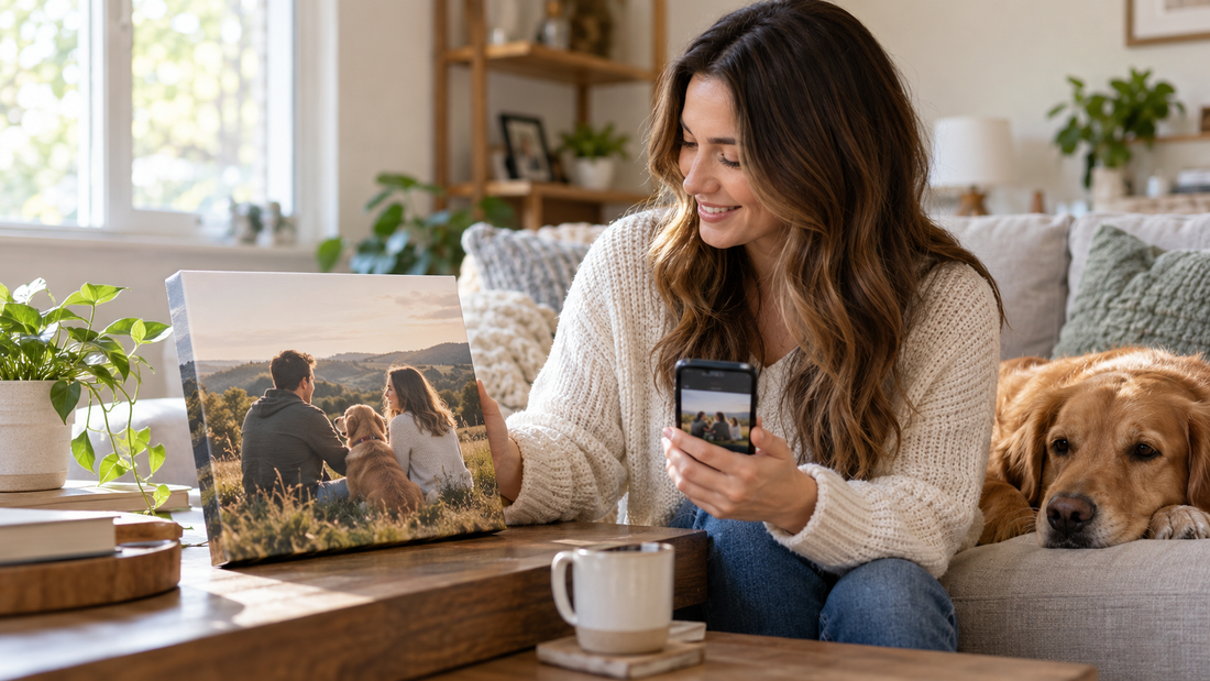 Customer enjoying a custom photo canvas at home with a pet nearby
