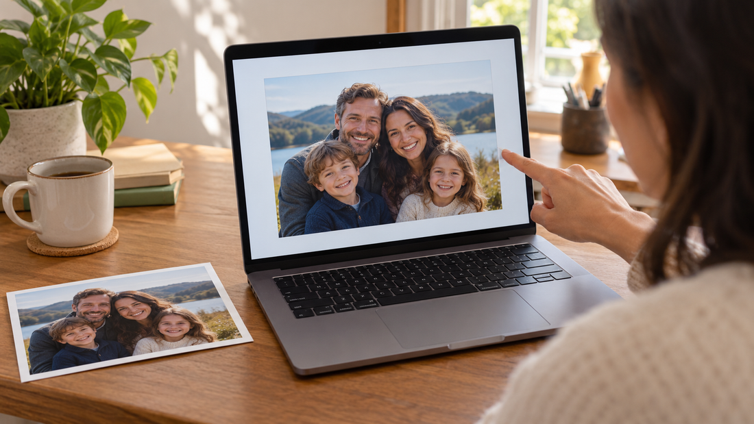 Customer checking family photo crop on a laptop before ordering a personalized gift