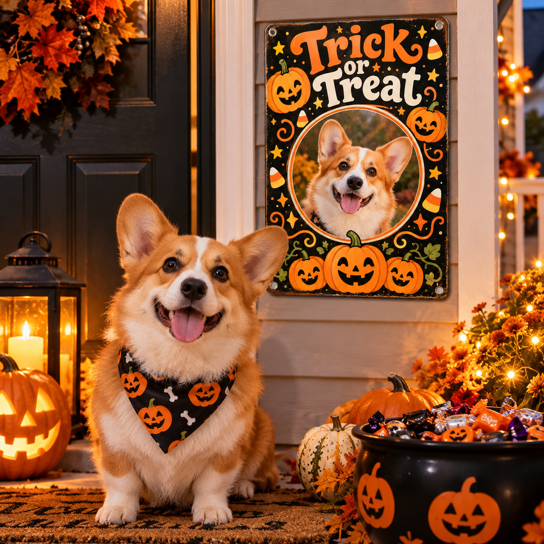 Personalized Trick or Treat dog photo metal sign on Halloween front porch