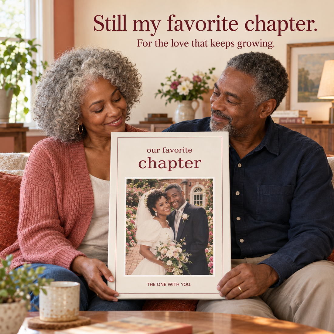 Older couple holding a personalized anniversary photo canvas