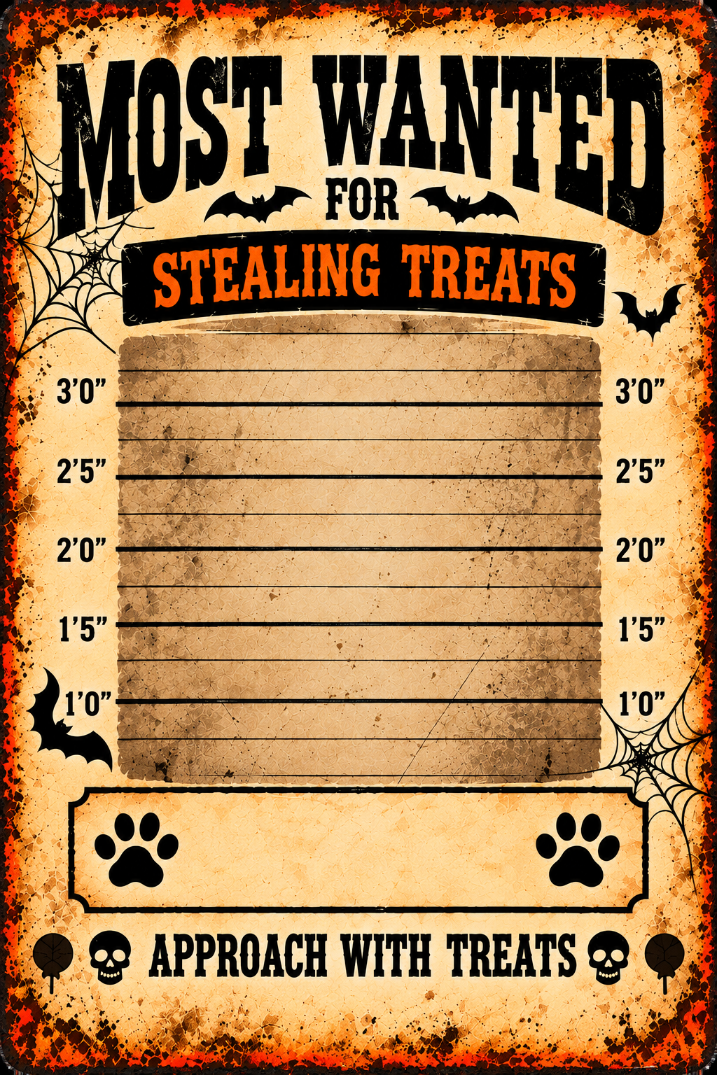 Close-up of blank Halloween pet wanted poster template with central photo area