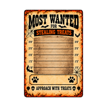 Blank Halloween pet wanted metal sign design with photo area and Stealing Treats text