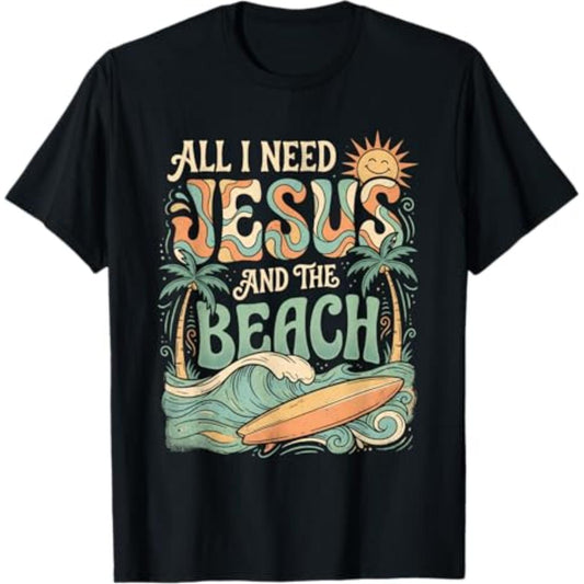 All I Need Jesus and The Beach Retro Surfer Christian T-Shirt