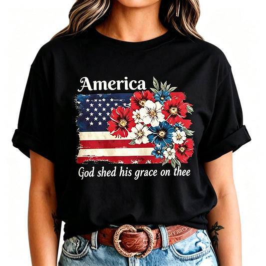 Men's Casual Round Neck Shortsleeve Tshirt - Menswear, American 250th Anniversary Floral Flag Shirt, 4th of July Patriot Gift, Cottagecore Summer Vibes Top