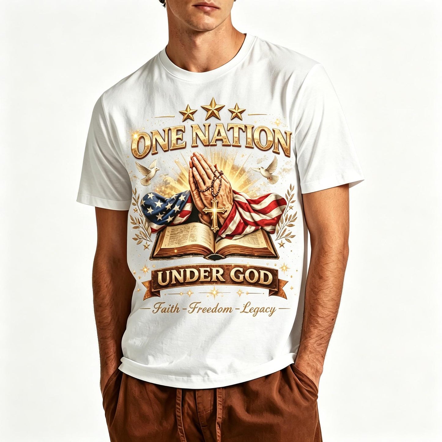 "Under One Nation, Above All Gods" 250th Anniversary T-Shirt American Faith Heritage Praying Hands Bible & Patriotic Loose Fit Casual Round Neck Suitable for 4th of July