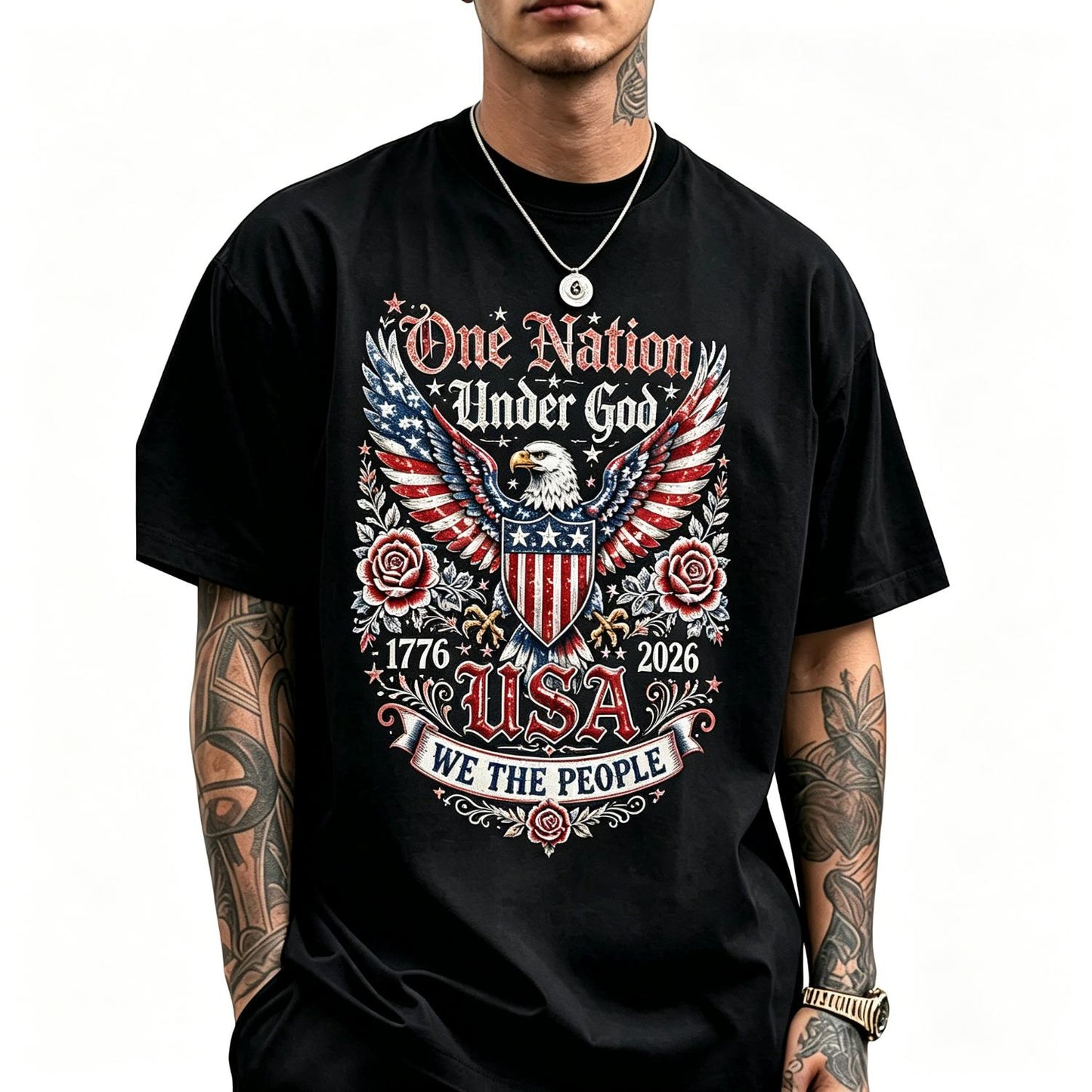 Retro American Flag America Letters 1776-2026 Independence Day Pattern Men's T-shirt Printed Round Neck T-shirt Summer Casual Vacation Men's Short-sleeved Tops
