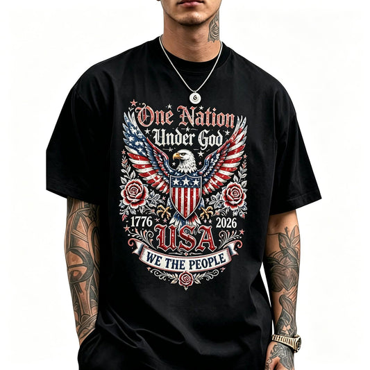 Retro American Flag America Letters 1776-2026 Independence Day Pattern Men's T-shirt Printed Round Neck T-shirt Summer Casual Vacation Men's Short-sleeved Tops
