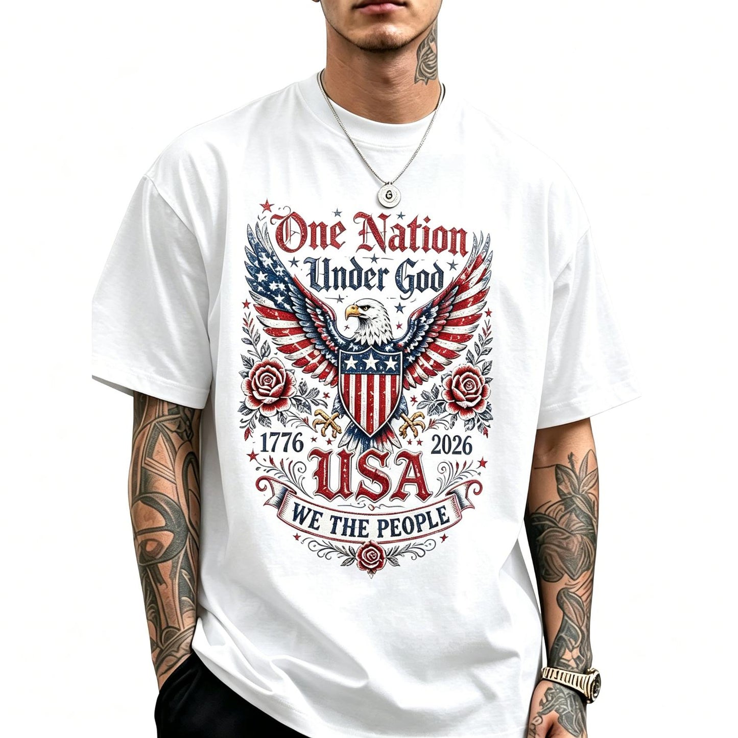 Retro American Flag America Letters 1776-2026 Independence Day Pattern Men's T-shirt Printed Round Neck T-shirt Summer Casual Vacation Men's Short-sleeved Tops