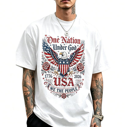 Retro American Flag America Letters 1776-2026 Independence Day Pattern Men's T-shirt Printed Round Neck T-shirt Summer Casual Vacation Men's Short-sleeved Tops