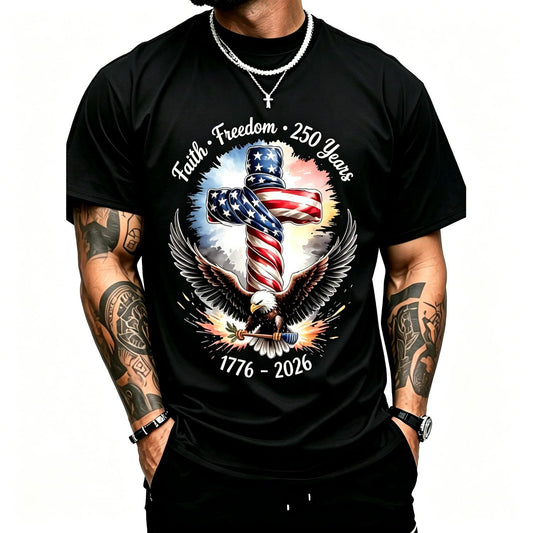 Vintage 250 Years Faith Freedom 1776-2026 USA T-Shirt for Men & Women - Crew Neck Casual Tee, Soft Breathable Cotton, Great for Father's Day Gifts & 250th Independence Anniversary, Christmas Thanksgiving History Apparel
