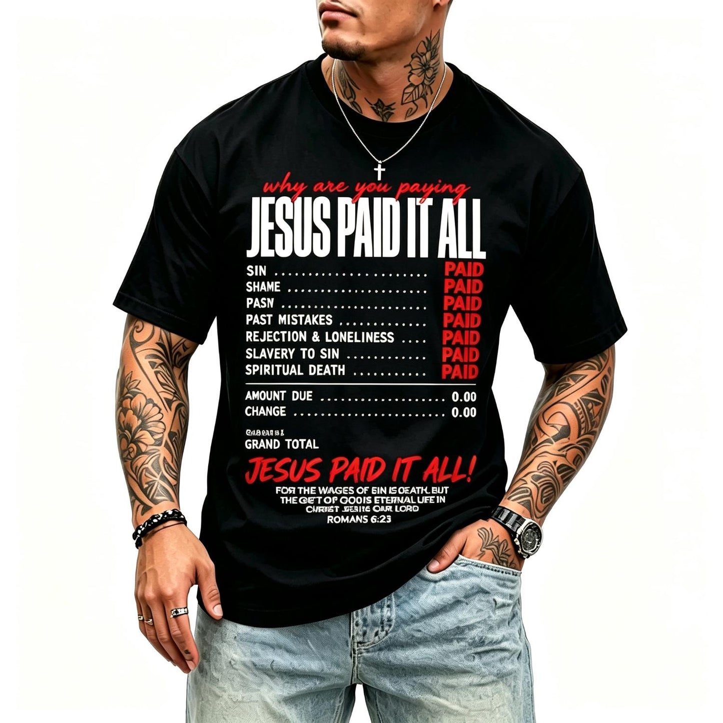 Funny Christian Receipt Jesus Paid It All Romans 6:23 Faith T-Shirt