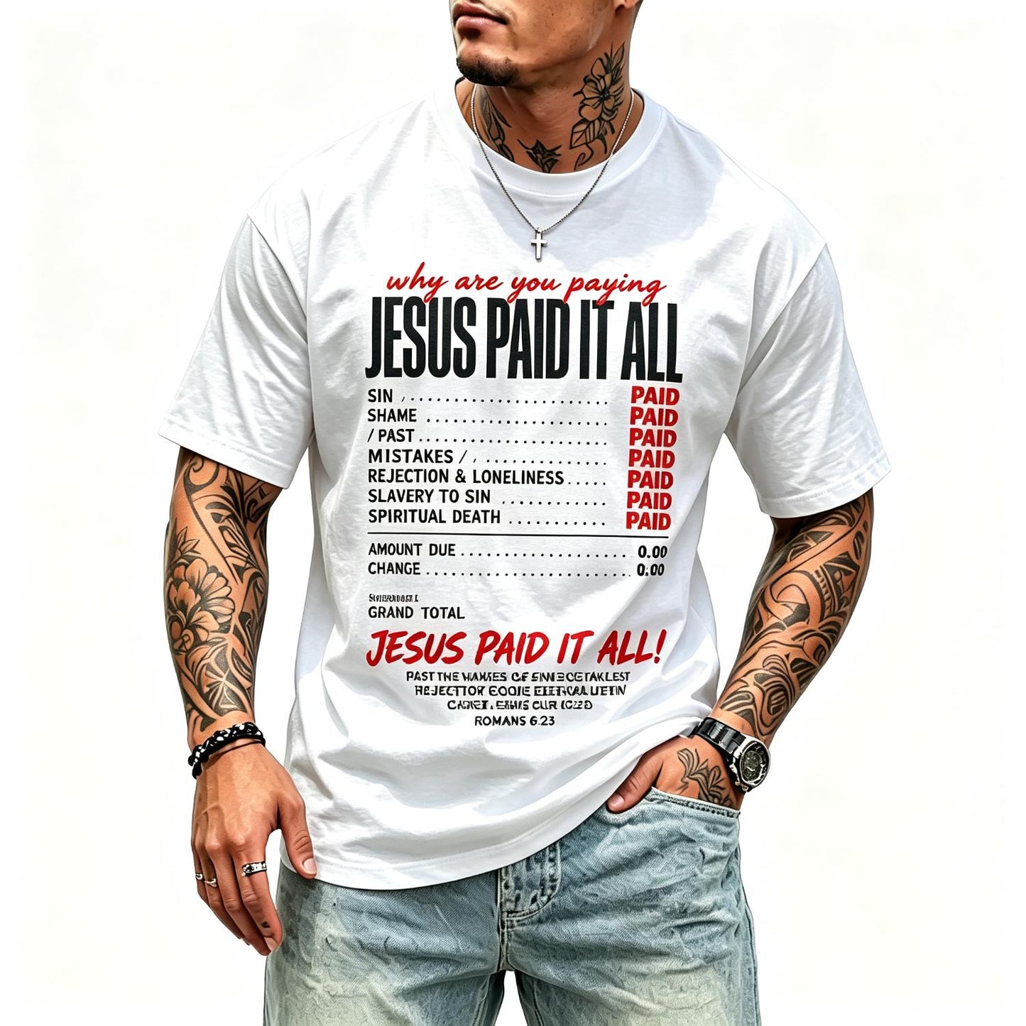 Funny Christian Receipt Jesus Paid It All Romans 6:23 Faith T-Shirt