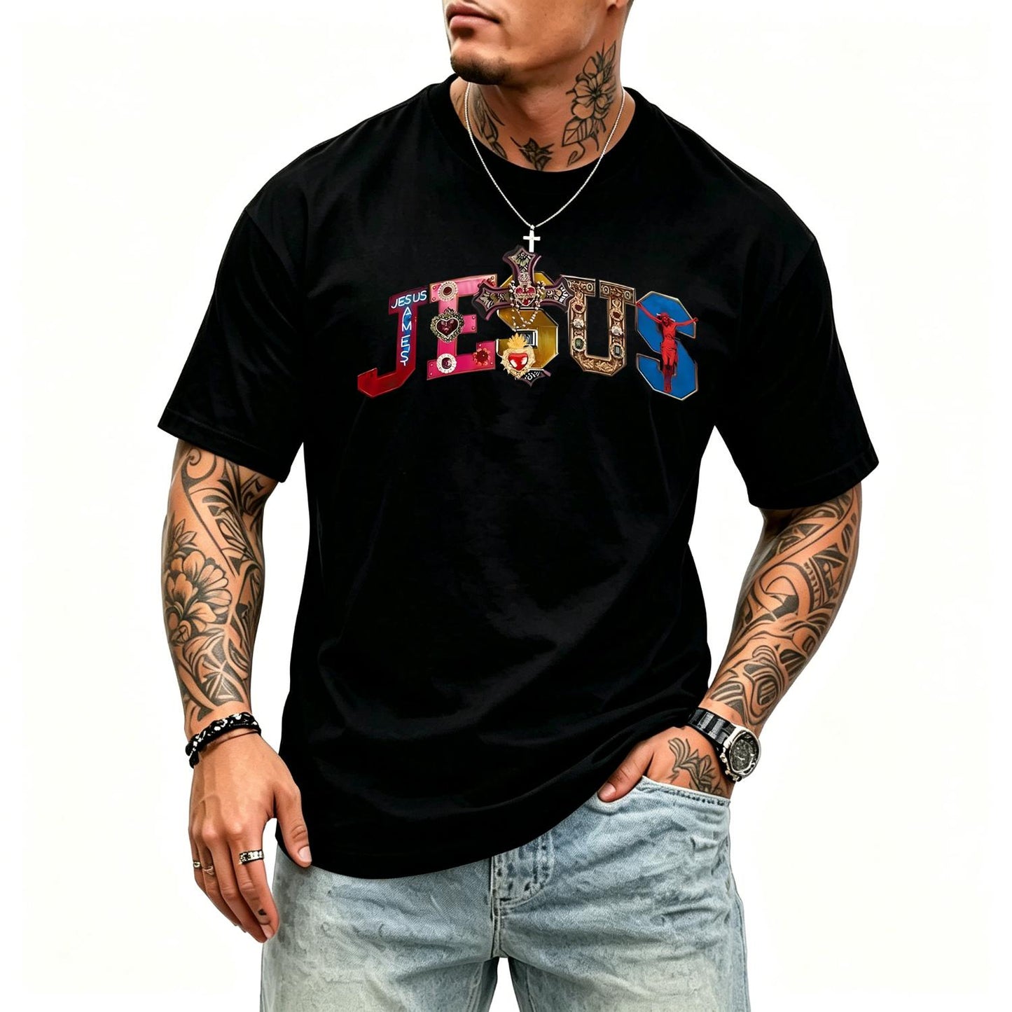 Glimmora Religious Faith, Multi-Color Gemstone Cross & Jesus Graphic Print Women Crew Neck T-Shirt