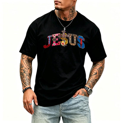 Glimmora Religious Faith, Multi-Color Gemstone Cross & Jesus Graphic Print Women Crew Neck T-Shirt