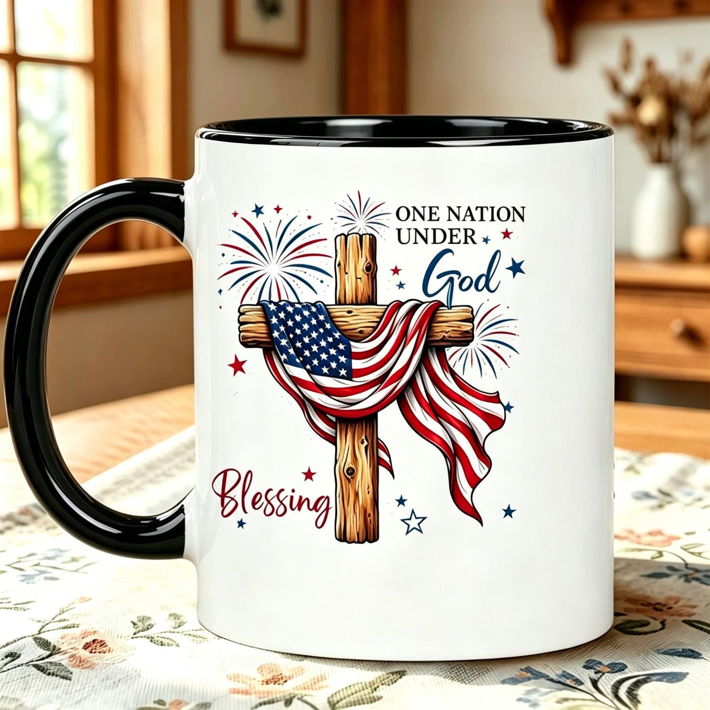 American Flag One Nation Under God Blessing Women Men Reusable Coffee Cups 4th Of July Firework USA Patriotic 1pc 11Oz Ceramic Mug