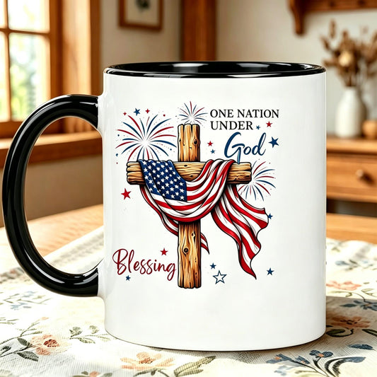 One Nation Under God Flag Cross Blessing Ceramic Mug