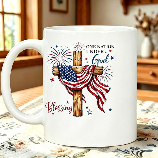One Nation Under God Flag Cross Blessing Ceramic Mug