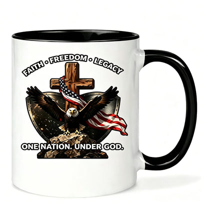 Independence Day &July 4th &250th Anniversary& Religious Gift 1pc 11oz Inner Color Ceramic Mug Bald Eagle Cross Shield 'One Nation Under God'