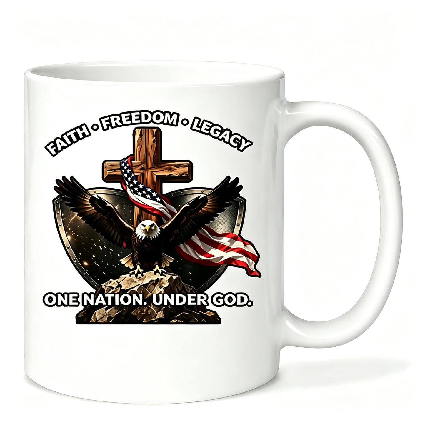Independence Day &July 4th &250th Anniversary& Religious Gift 1pc 11oz Inner Color Ceramic Mug Bald Eagle Cross Shield 'One Nation Under God'