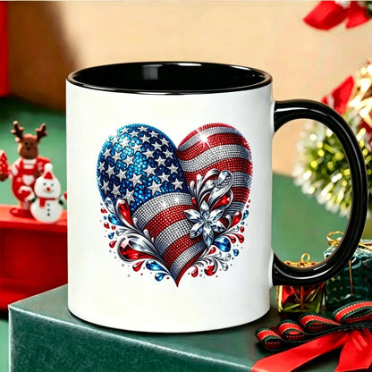 American Flag Heart Design Cotton1pc 11Oz Ceramic Mug Made In USA Reusable Coffee Cups