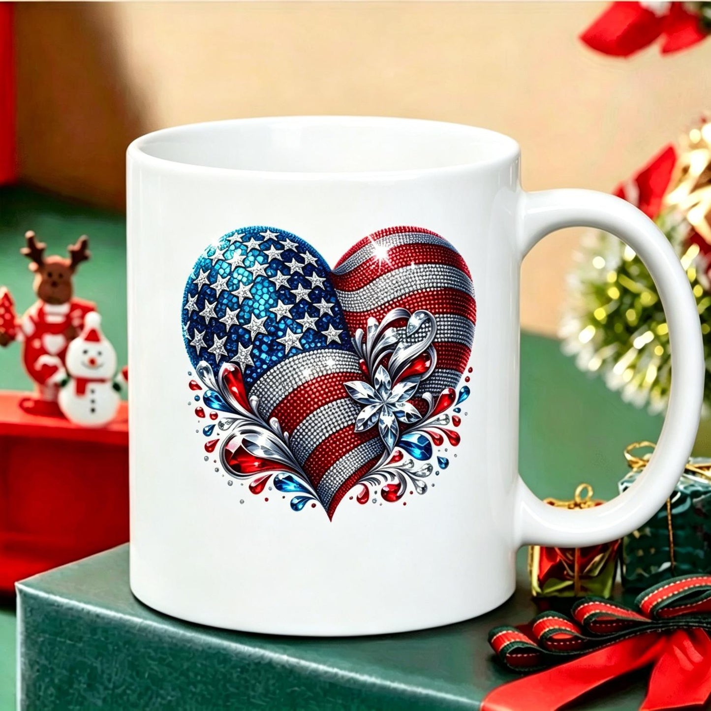 American Flag Heart Design Cotton1pc 11Oz Ceramic Mug Made In USA Reusable Coffee Cups
