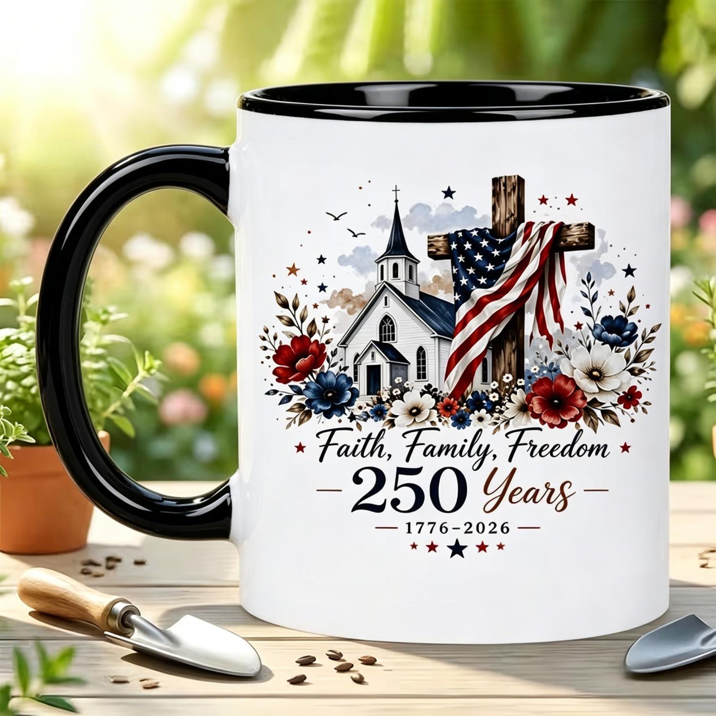 4th & 250th Anniversary Ceramic Mug with Wooden Cross - Patriotic Religious Suitable for Hot/Cold Drinks, Reusable Coffee Cup for Church