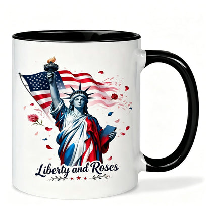 Independence Day And July 4Th And 250Th Anniversary Gift 1pc 11Oz Inner Color Ceramic Mug Liberty And Roses Statue Torch Rose Petal Design Great Gift