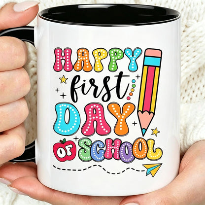 Fun Teacher Back to Iron On Stickers with Happy First Day Design Teacher Accessories Reusable Coffee Cups Backtoschool Theme 11Oz Ceramic Mug