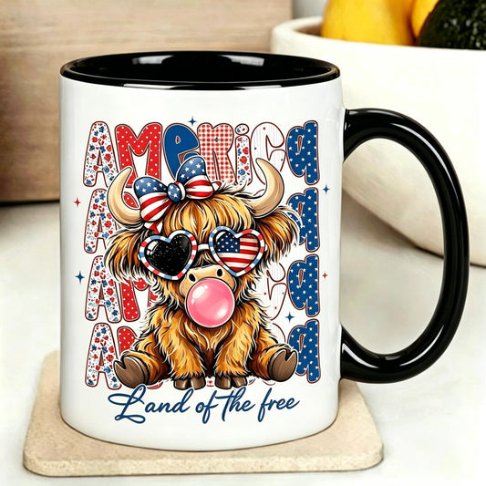 Patriotic Highland Cow Land of the Free Ceramic Mug