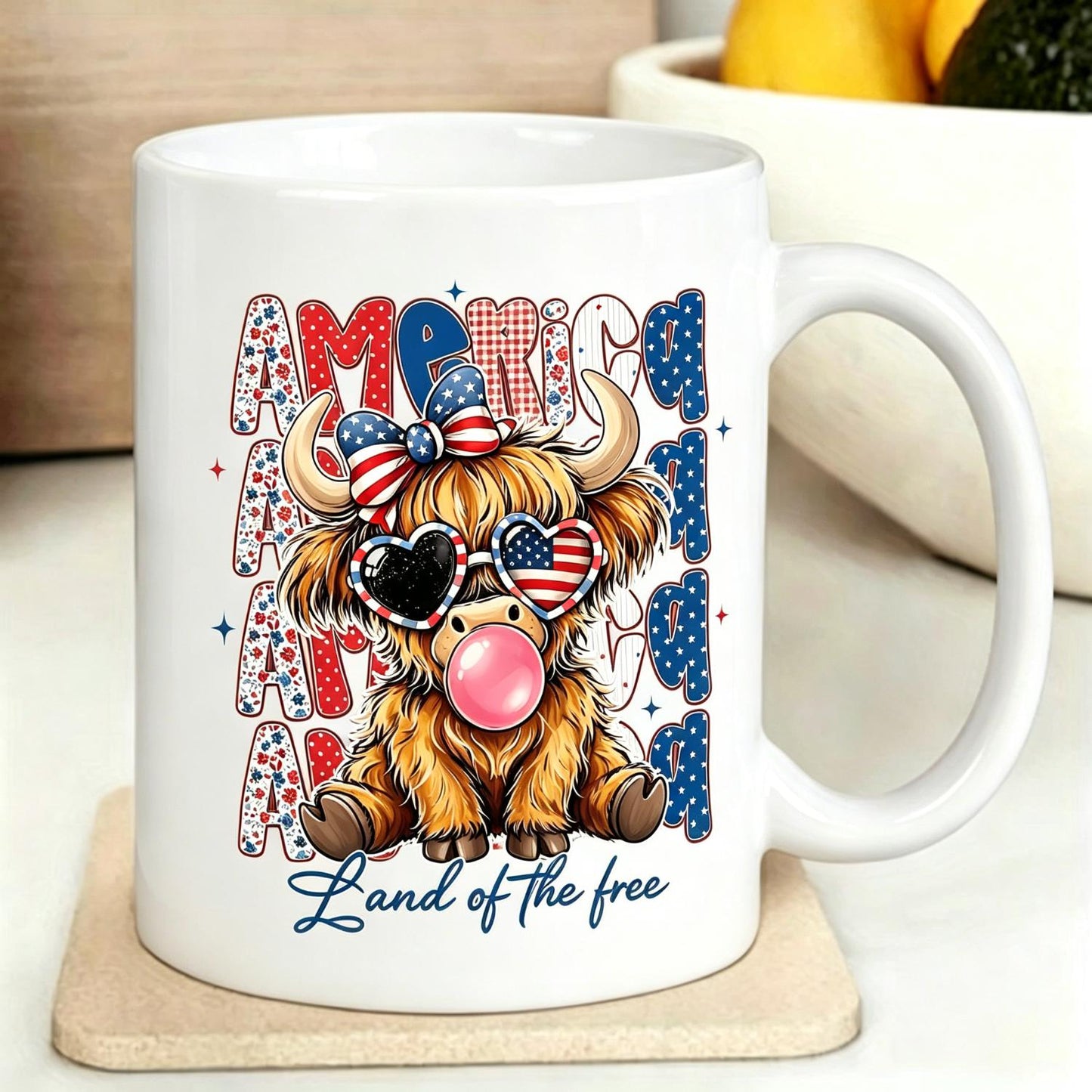 Highland Cattle July 4th Bow American Flag Cow American Cowgirl Independence Day Fashionable Patriotic Animal Reusable Coffee Cups Ceramic Cup Gifts Cup 1pc 11Oz Ceramic Mug