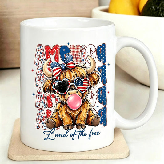 Patriotic Highland Cow Land of the Free Ceramic Mug